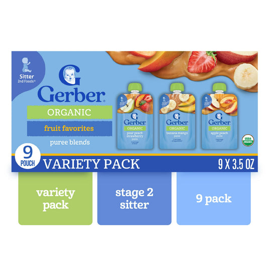 Organic fruit and vegetable puree baby food, 3.5 oz pouches, 9-pack – stage 2 variety pack for infants and toddlers.