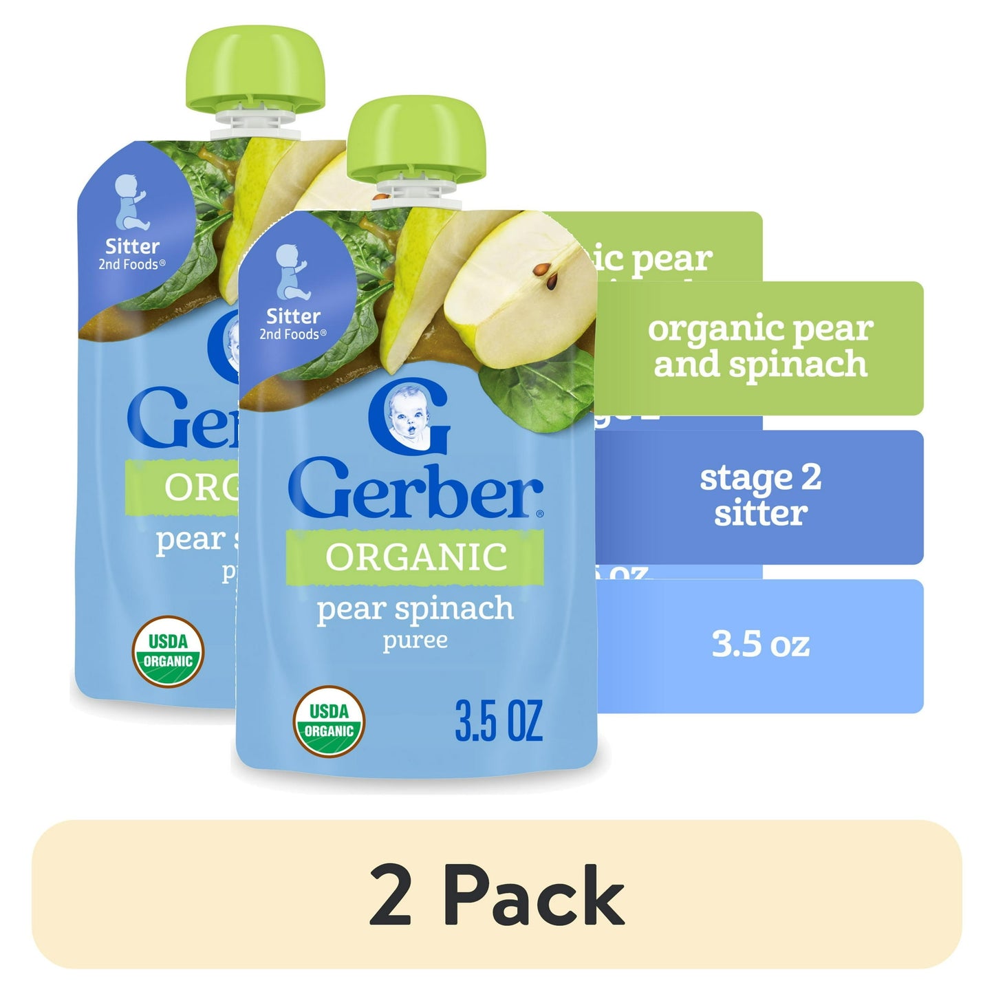 Organic pear and spinach puree baby food, 3.5 oz pouches, 2-pack – smooth stage 2 fruit and veggie blend for infants.