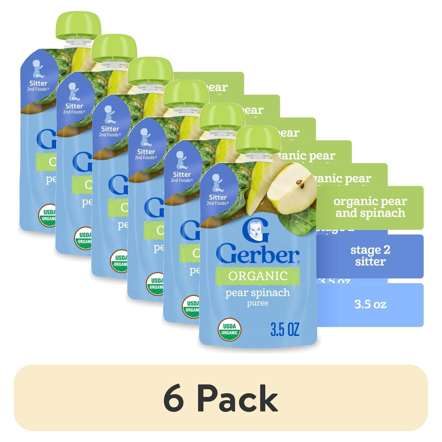 Organic pear and spinach puree baby food, 3.5 oz pouches, 6-pack – smooth stage 2 fruit and veggie blend for infants.