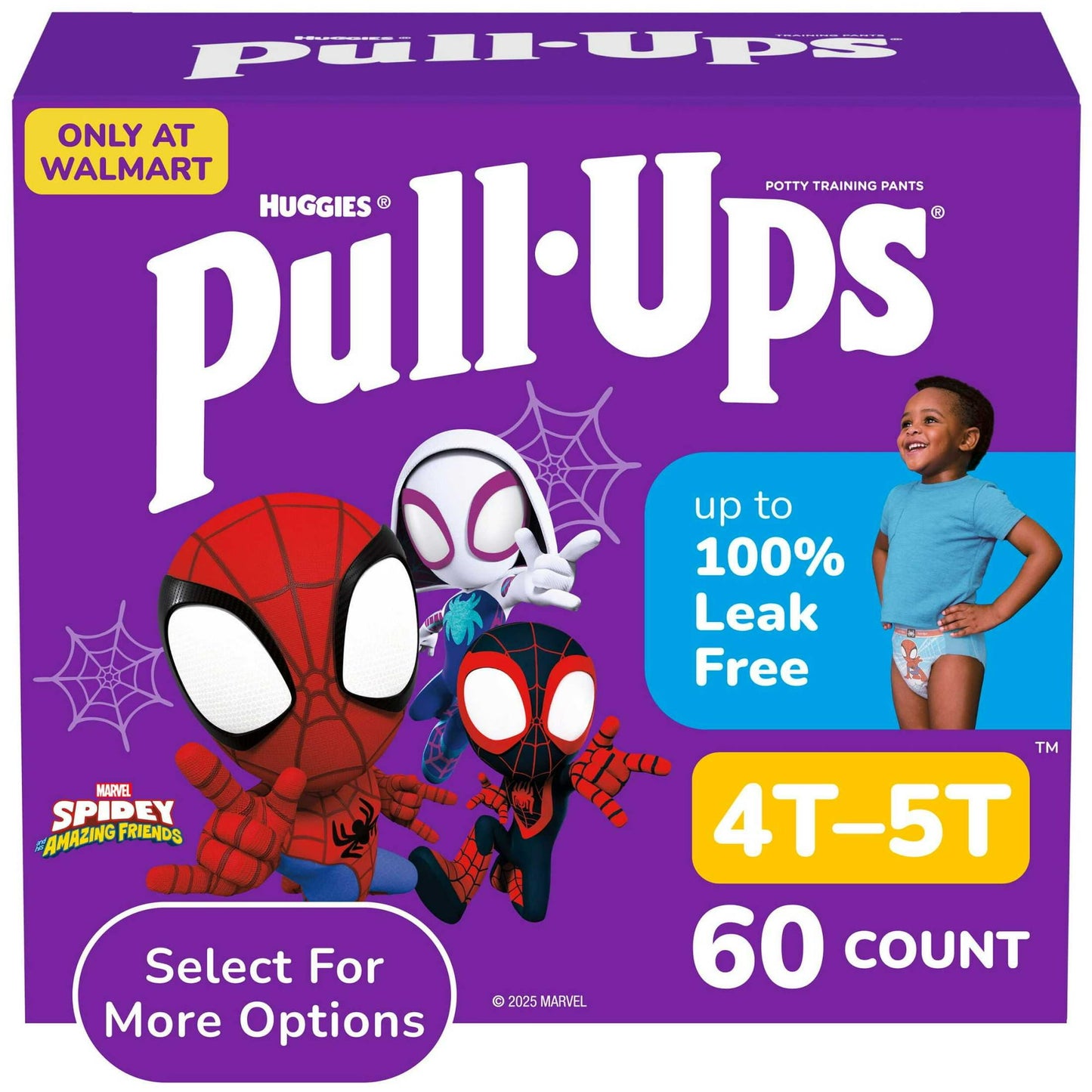 A purple box of training pants featuring Spider-Man characters Size 4T-5T, 60 count