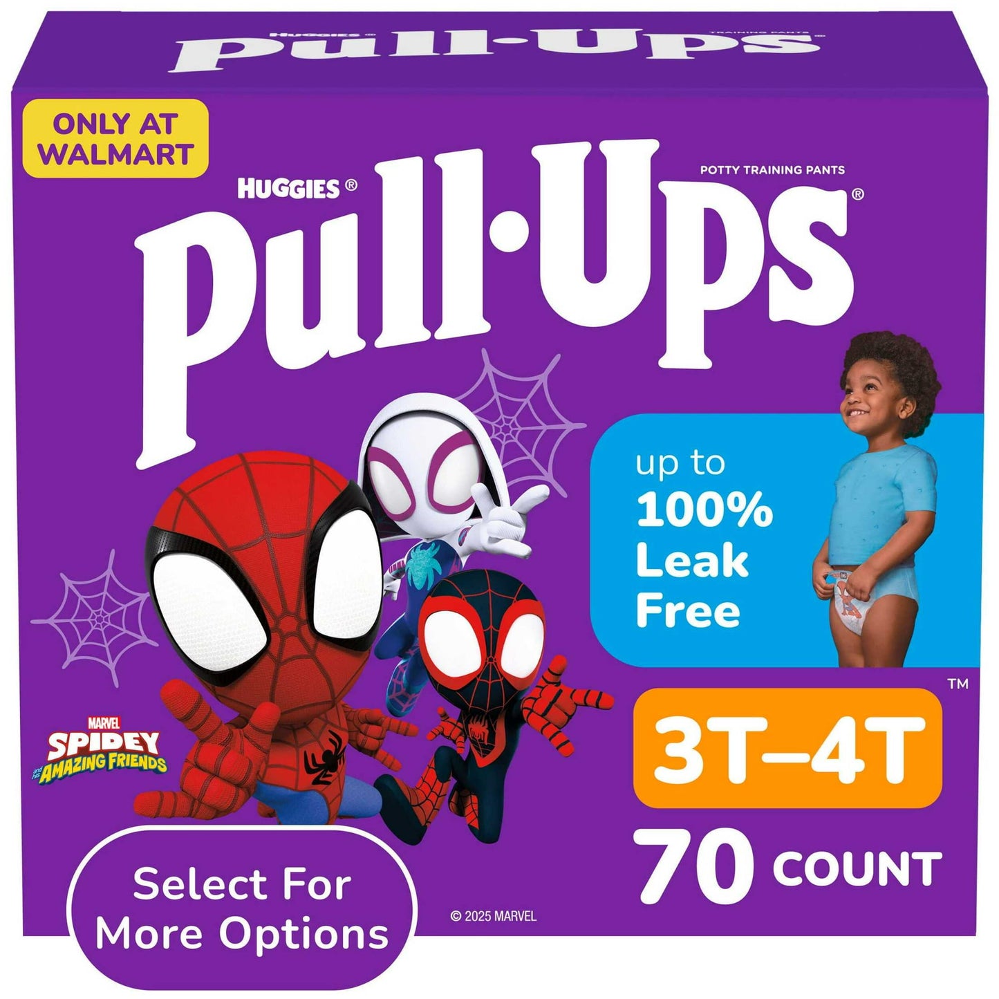 A purple box of training pants featuring Spider-Man characters Size 3T-4T, 70 count