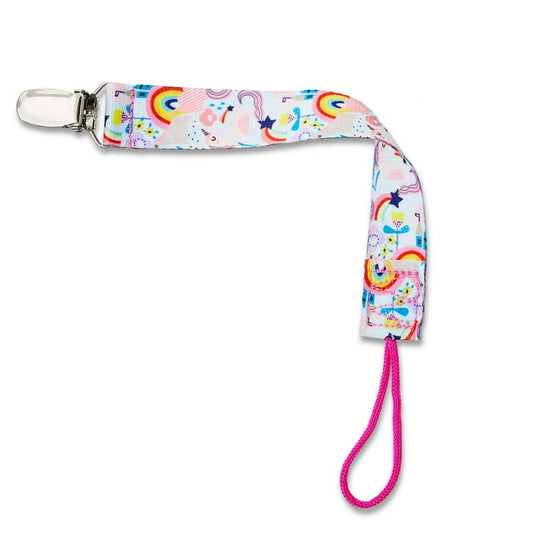 Pacifier clip with colorful rainbow and star pattern on a white background