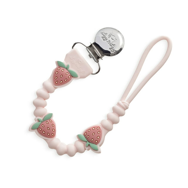 Pacifier clip with strawberry design on a white background