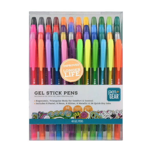 Pack of gel stick pens with colorful caps on a white background