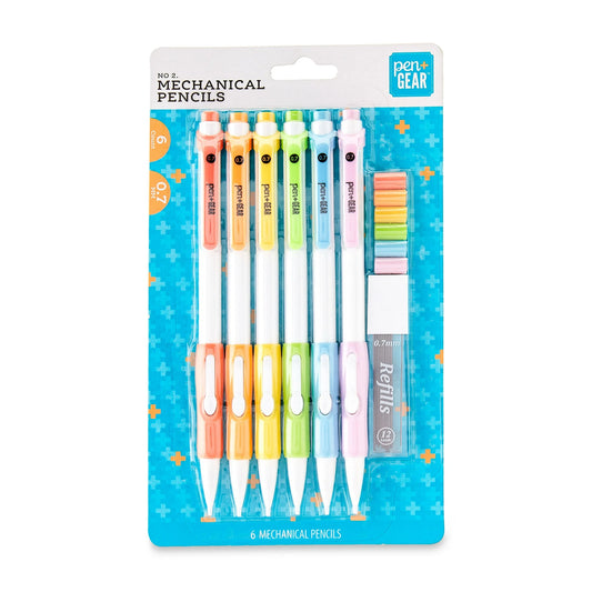 Pack of six mechanical pencils with colorful barrels on a blue and white packaging background.