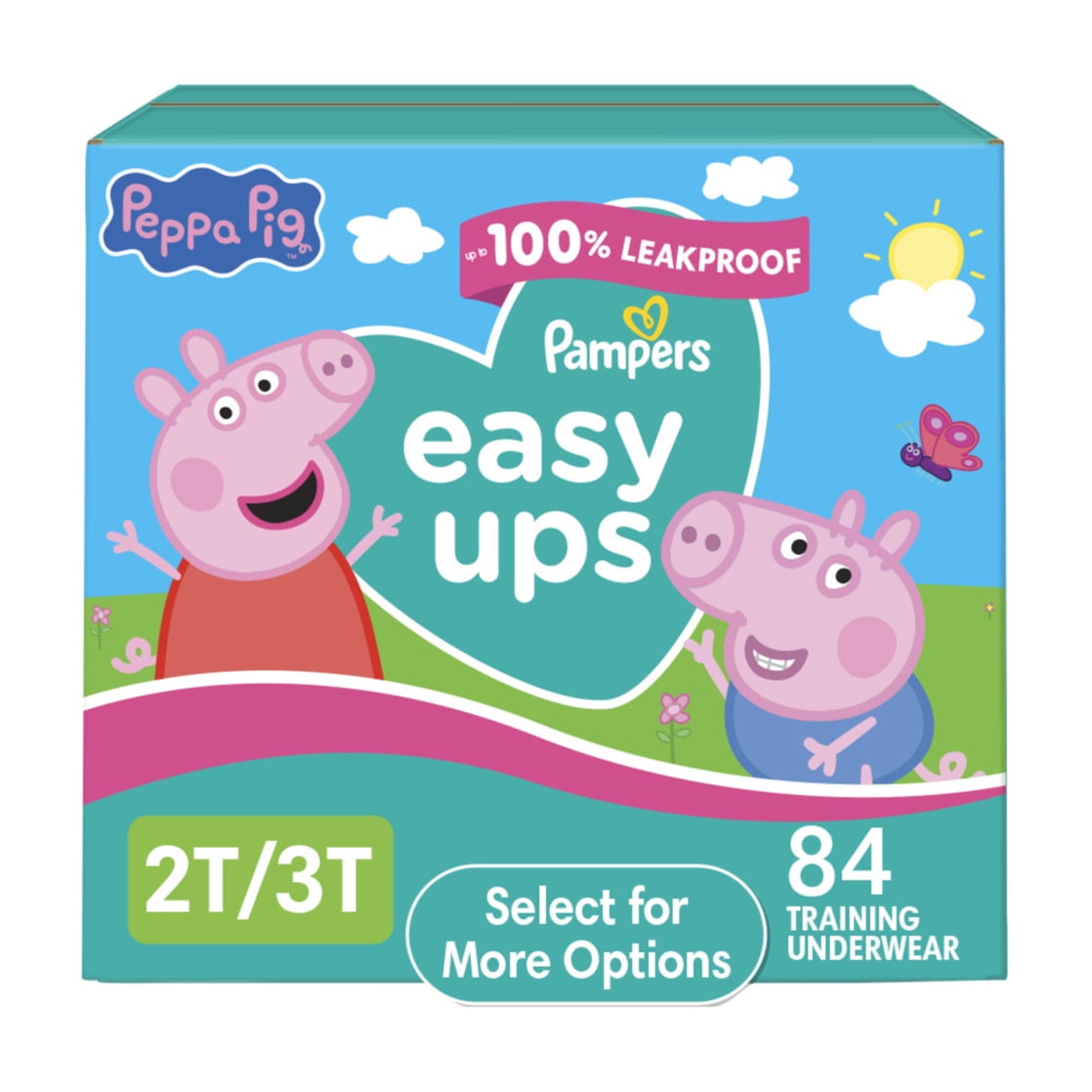 A colorful box of training underwear featuring cartoon Peppa pig characters size 2T-3T, 84 count