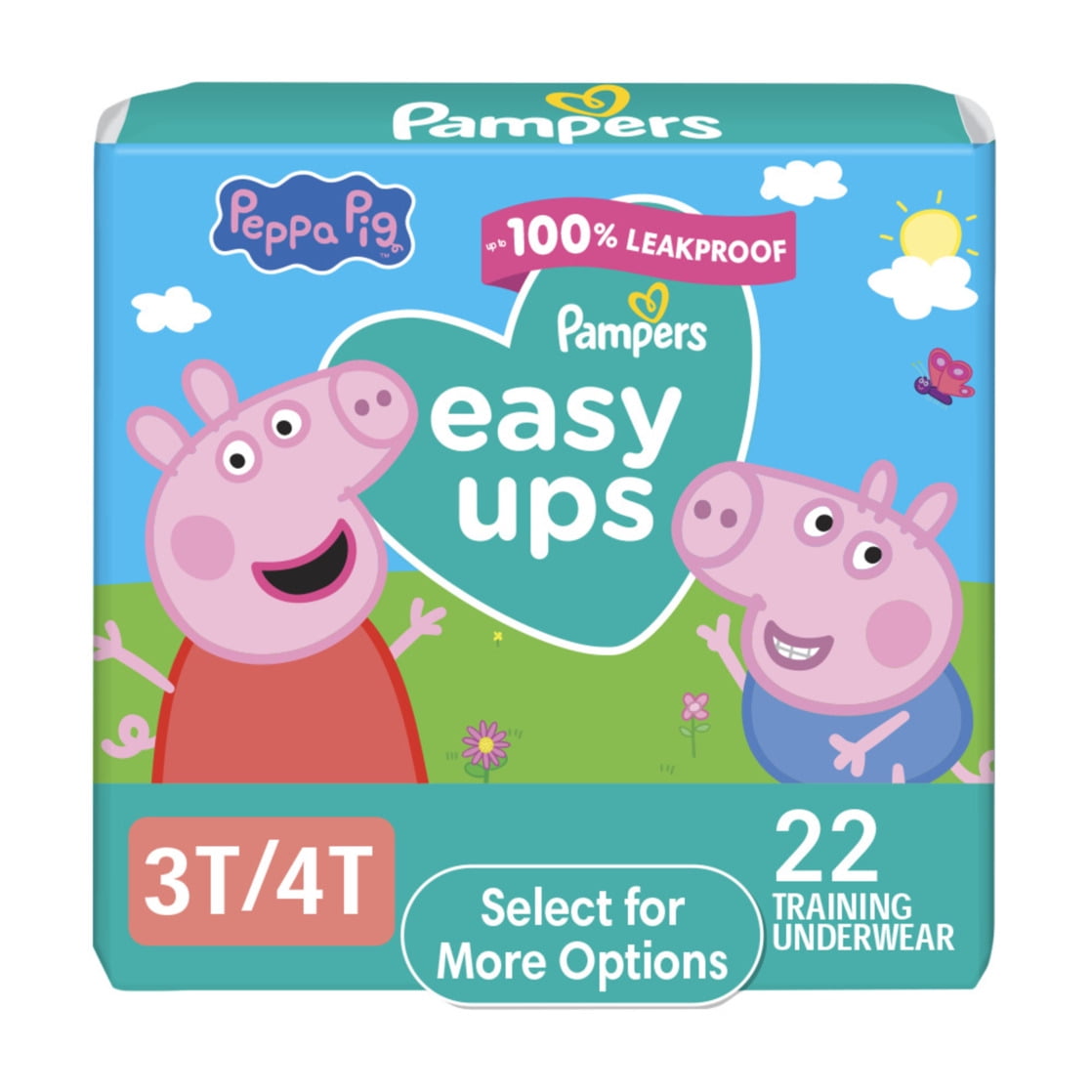 A colorful box of training underwear featuring cartoon Peppa pig characters size 3T-4T, 22 count