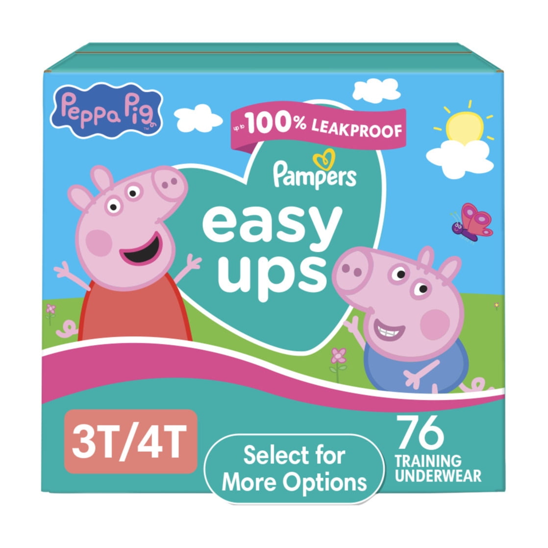 A colorful box of training underwear featuring cartoon Peppa pig characters size 3T-4T, 76 count