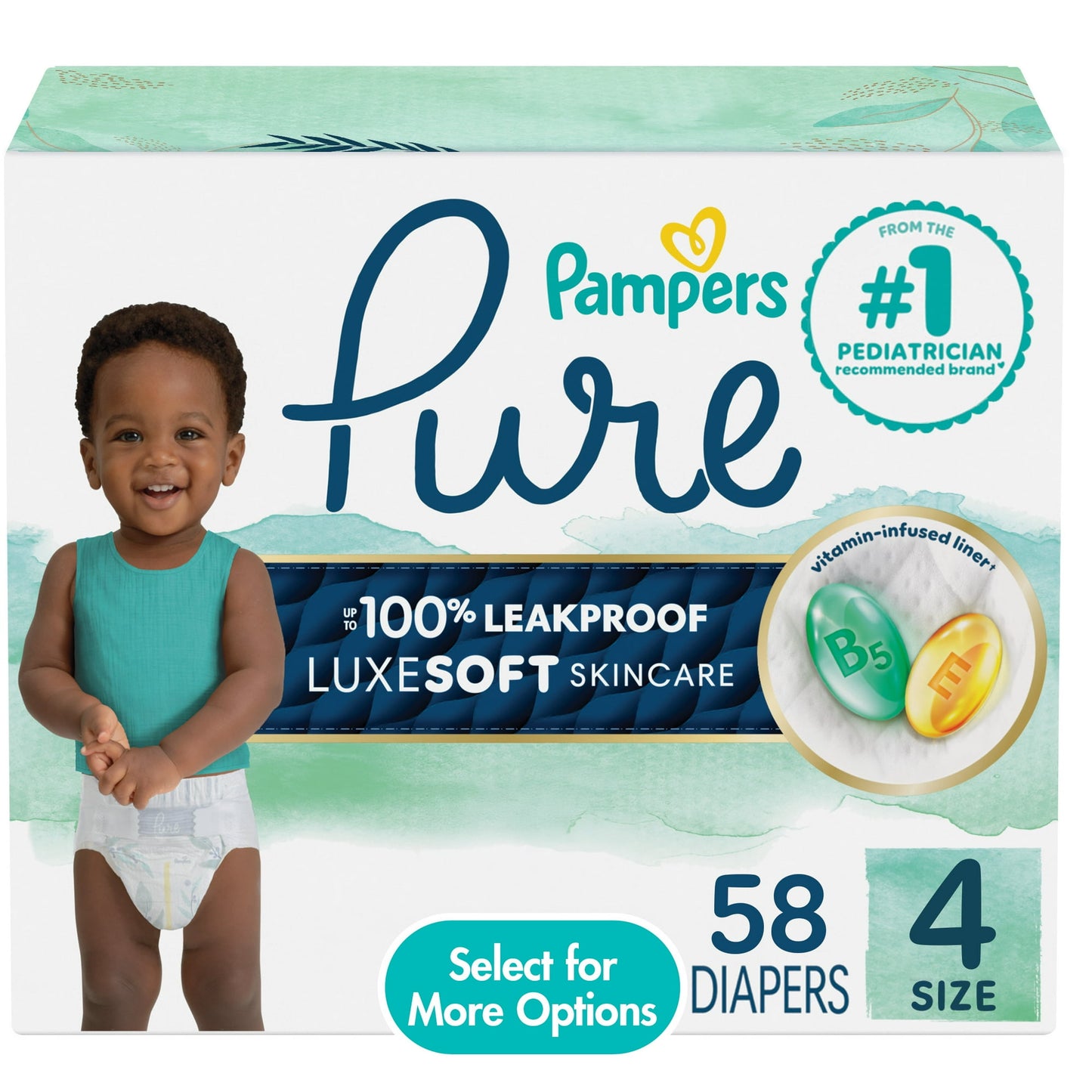 Pampers Pure Baby Diapers, Up to 100% Leakproof, Premium Hypoallergenic Soft Diapers