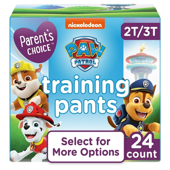 A box of training pants featuring Cartoon characters, labeled 2T/3T, 24 count