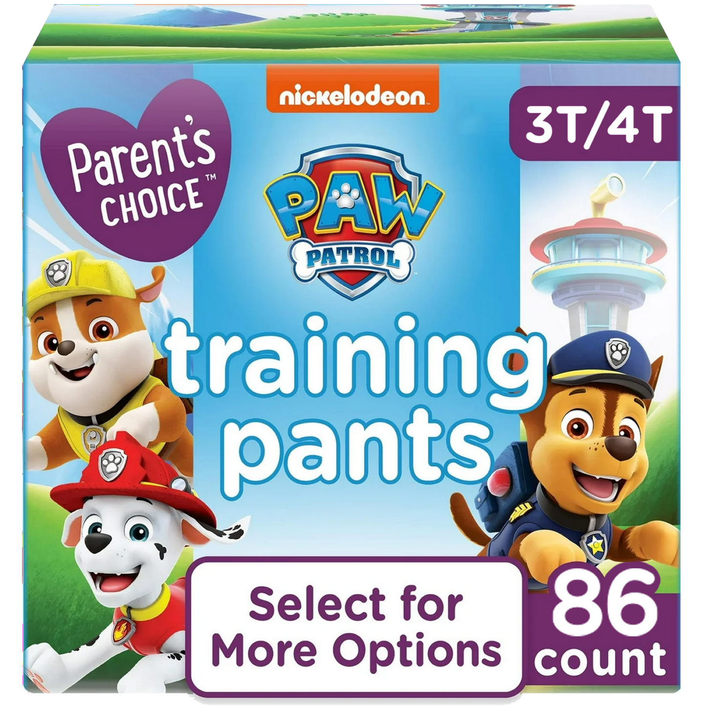 A box of training pants featuring Cartoon characters, labeled 3T-4T, 86 count