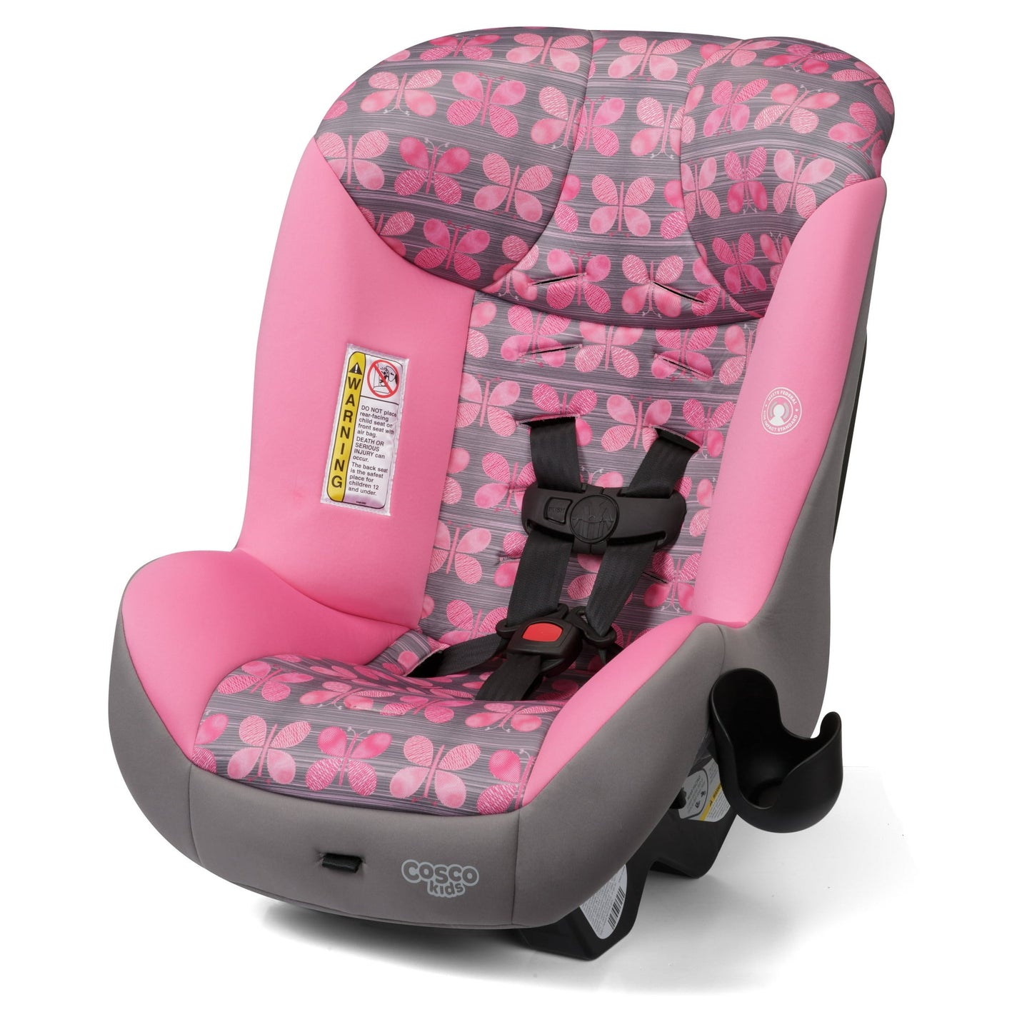 Pink and gray floral-patterned car seat on a white background