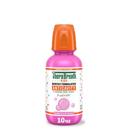 Pink bottle of Kids Anticavity Fluoride Oral Rinse with orange cap on a white background