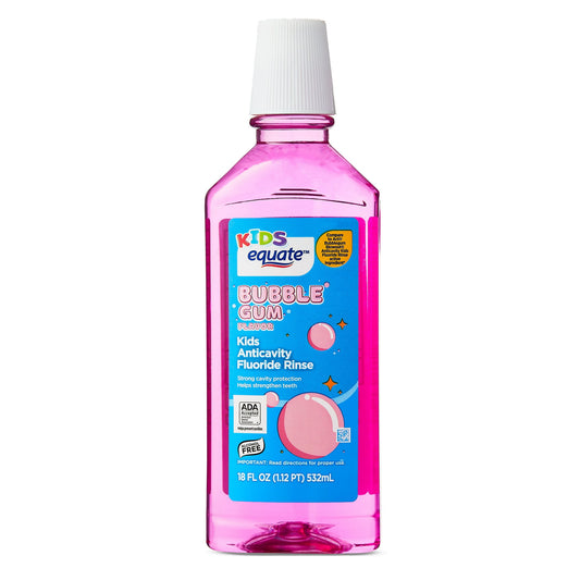 Pink bottle of Kids Bubble Gum Anticavity Fluoride Rinse on a white background