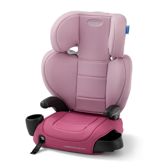 Pink car seat with black accents on a white background