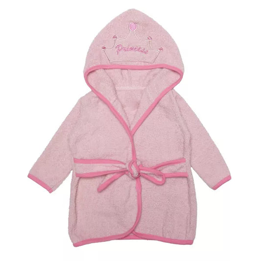Pink children's hooded robe with a belt on a white background