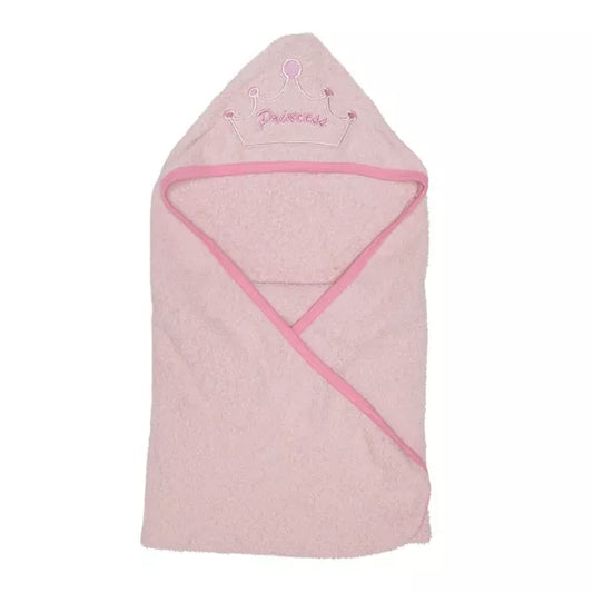Pink hooded towel with decorative trim and 'Princess' text on a white background
