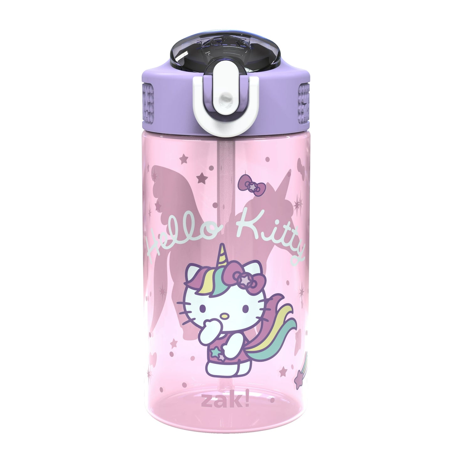 Pink water bottle with Hello Kitty design and unicorn elements on a white background