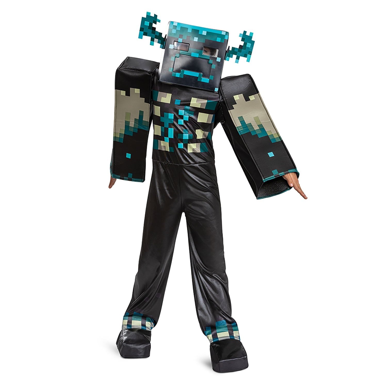 Pixelated character Halloween costume with black and teal design on a white background