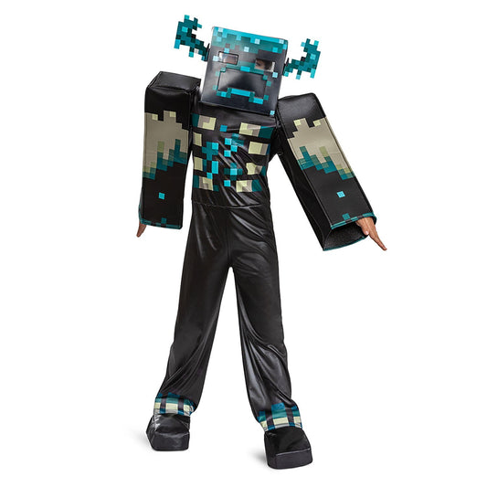 Pixelated character Halloween costume with black and teal design on a white background