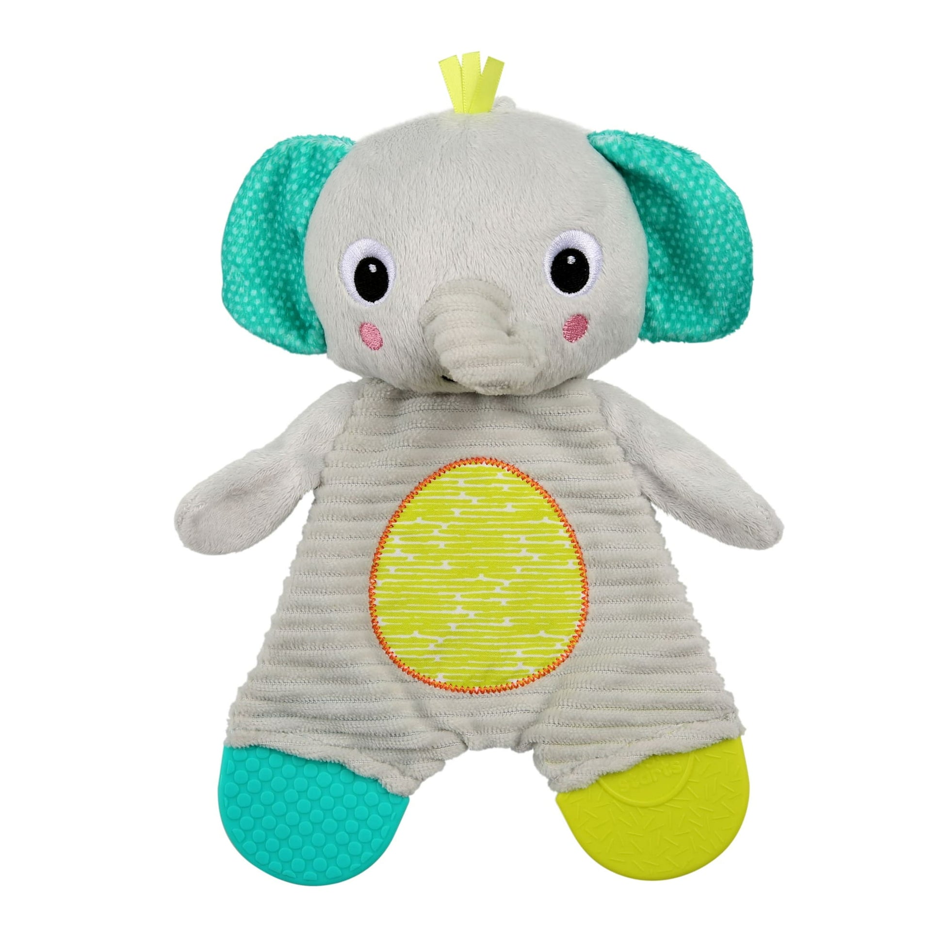 Plush elephant teether toy with green and yellow accents on a white background