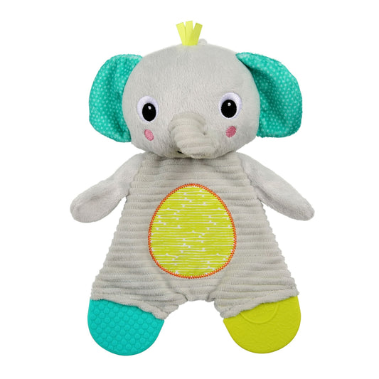 Plush elephant teether toy with green and yellow accents on a white background
