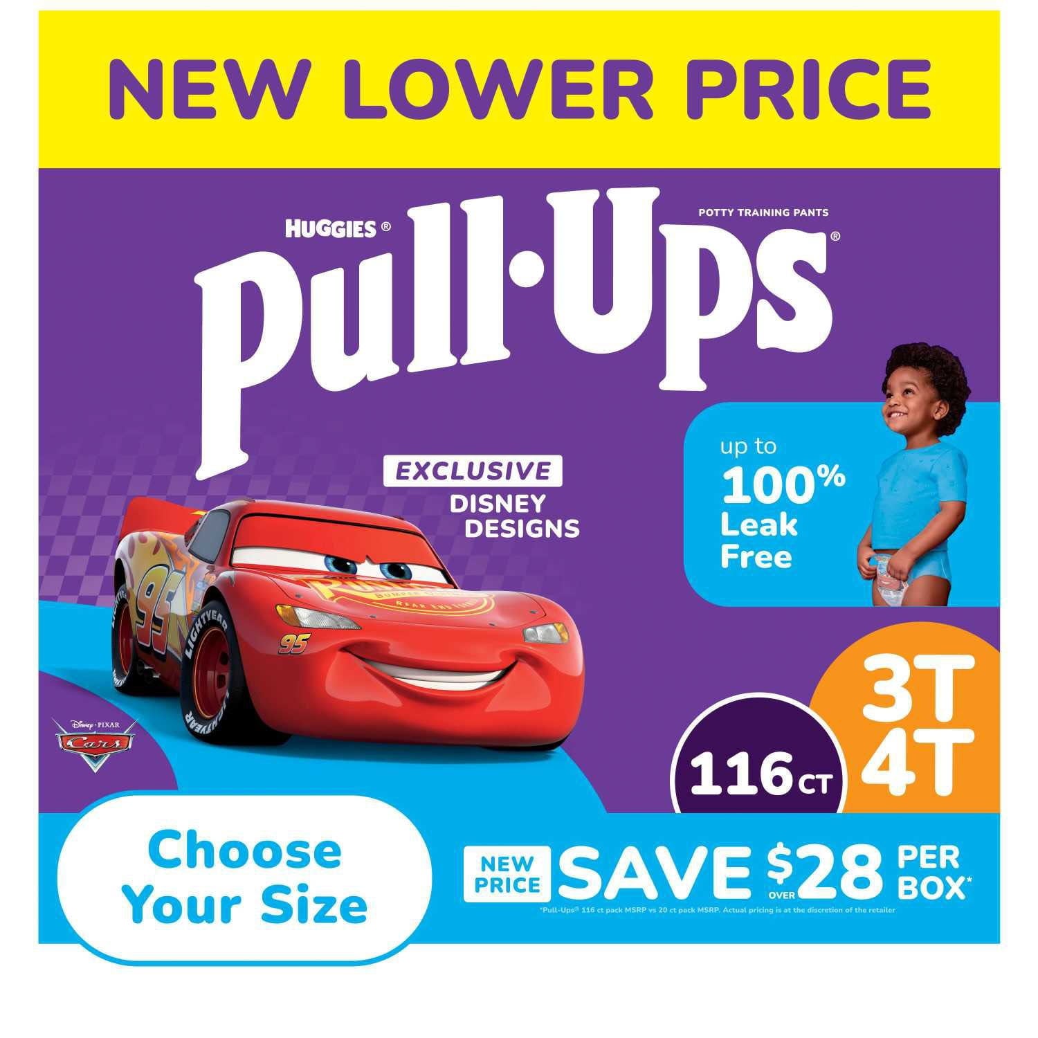 Pull-Ups packaging with Disney designs featuring a car character on a purple and blue background.