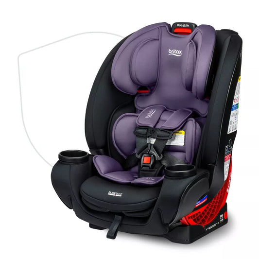 Purple and black car seat on a white background