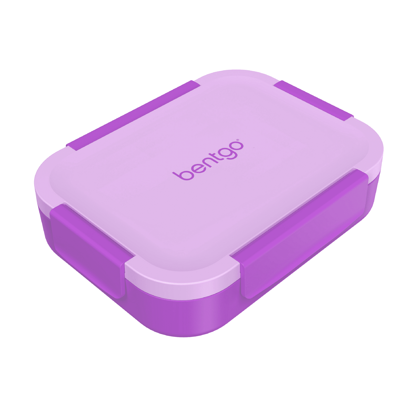 Purple lunch box with branding on a white background