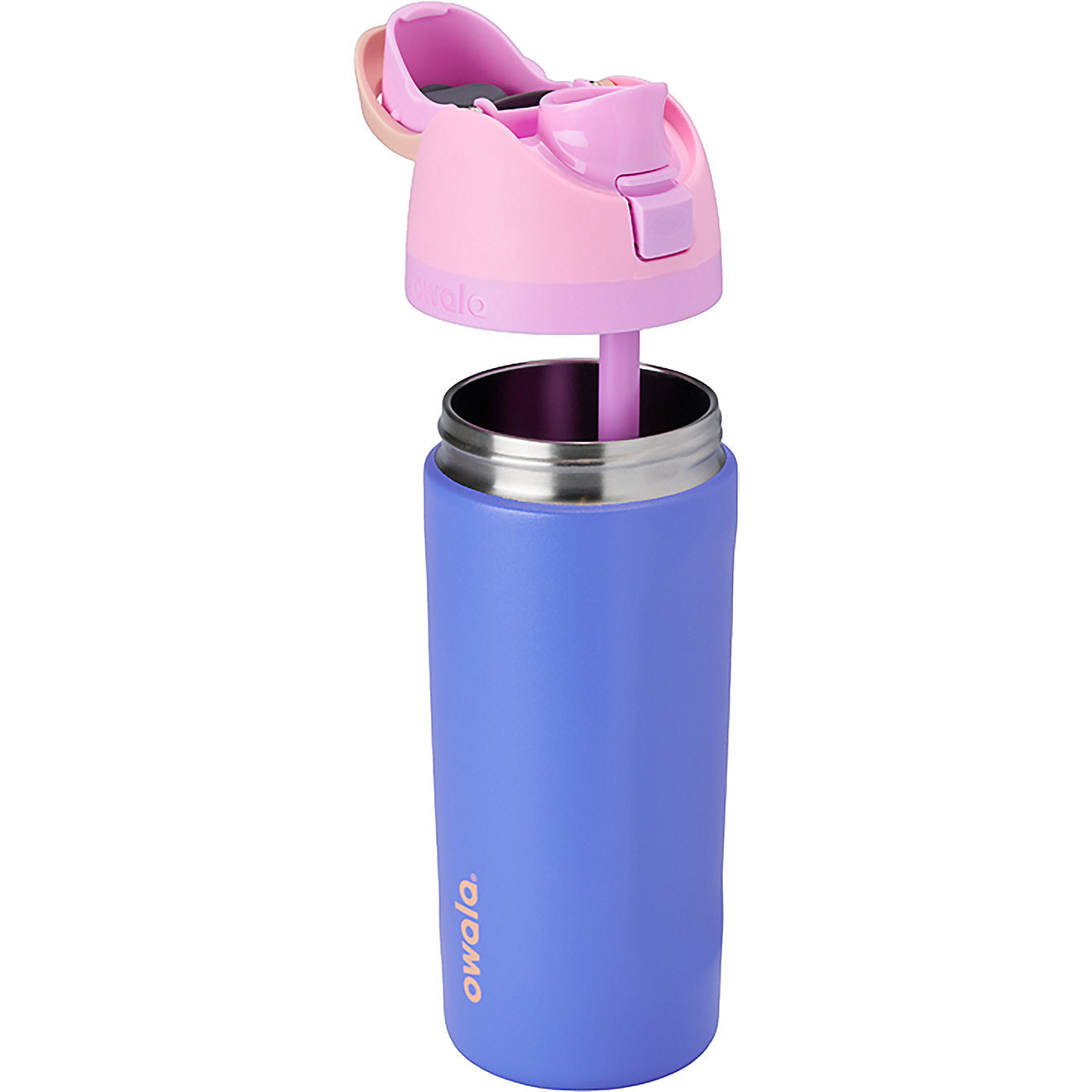 Purple water bottle with pink lid and straw on a white background