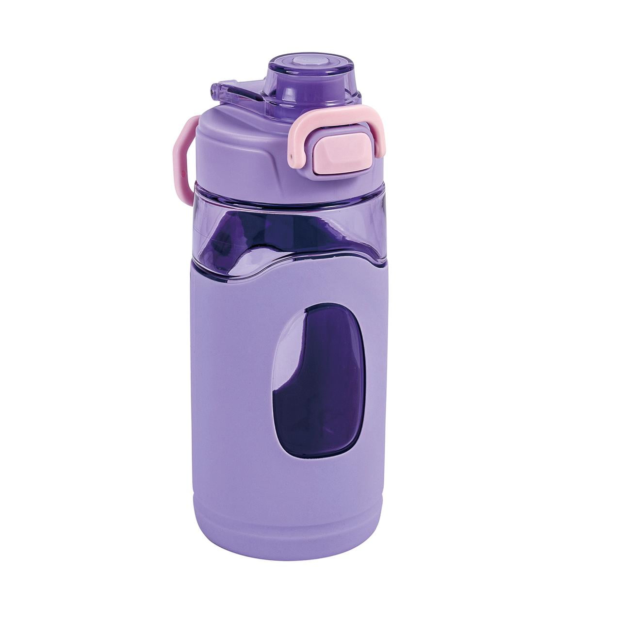 Purple water bottle with a pink handle on a white background