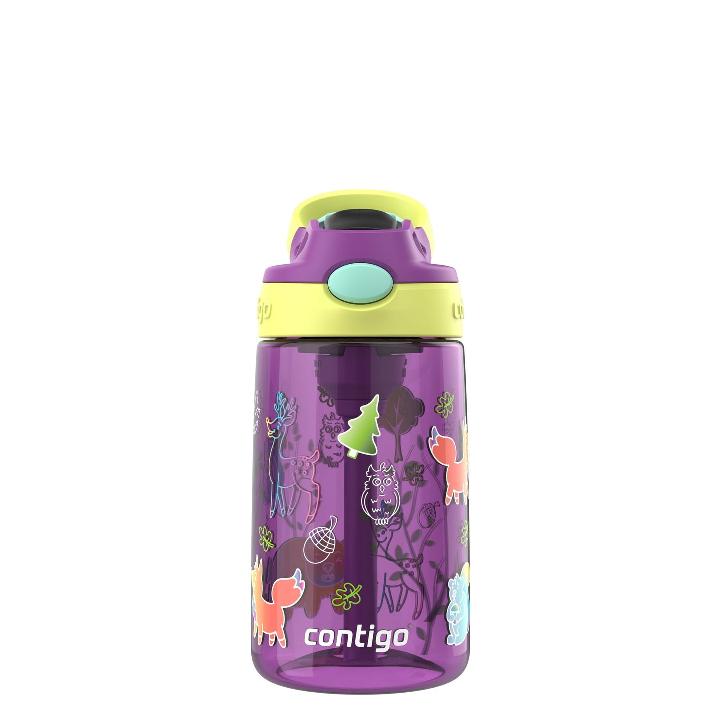Purple water bottle with colorful designs and a yellow lid on a white background