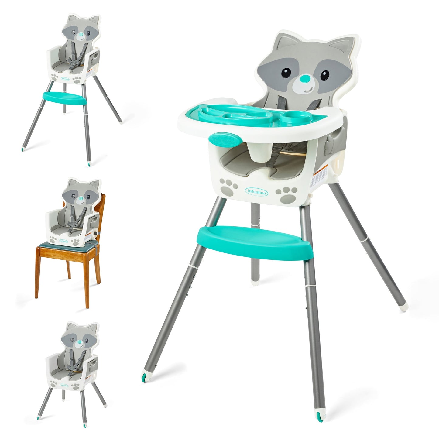 Raccoon-themed high chair with multiple views on a white background