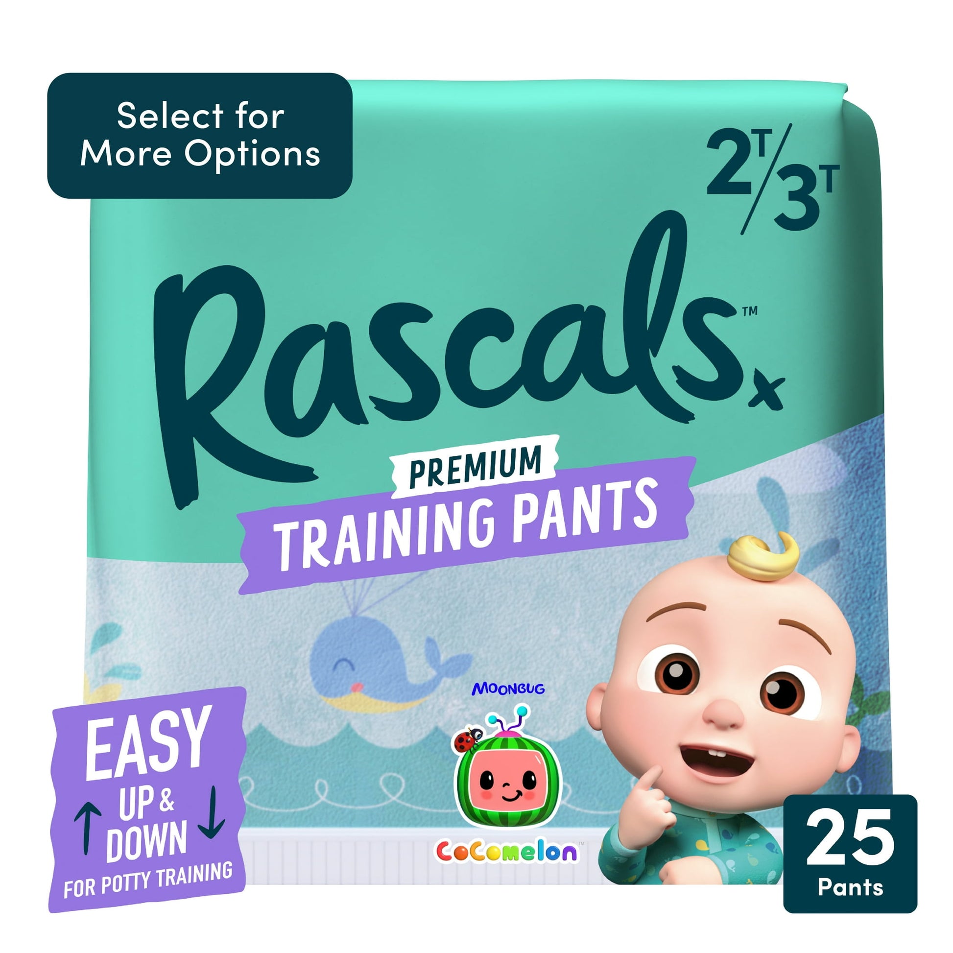 A package of premium training pants featuring a cartoon baby 2T-3T, 25 count
