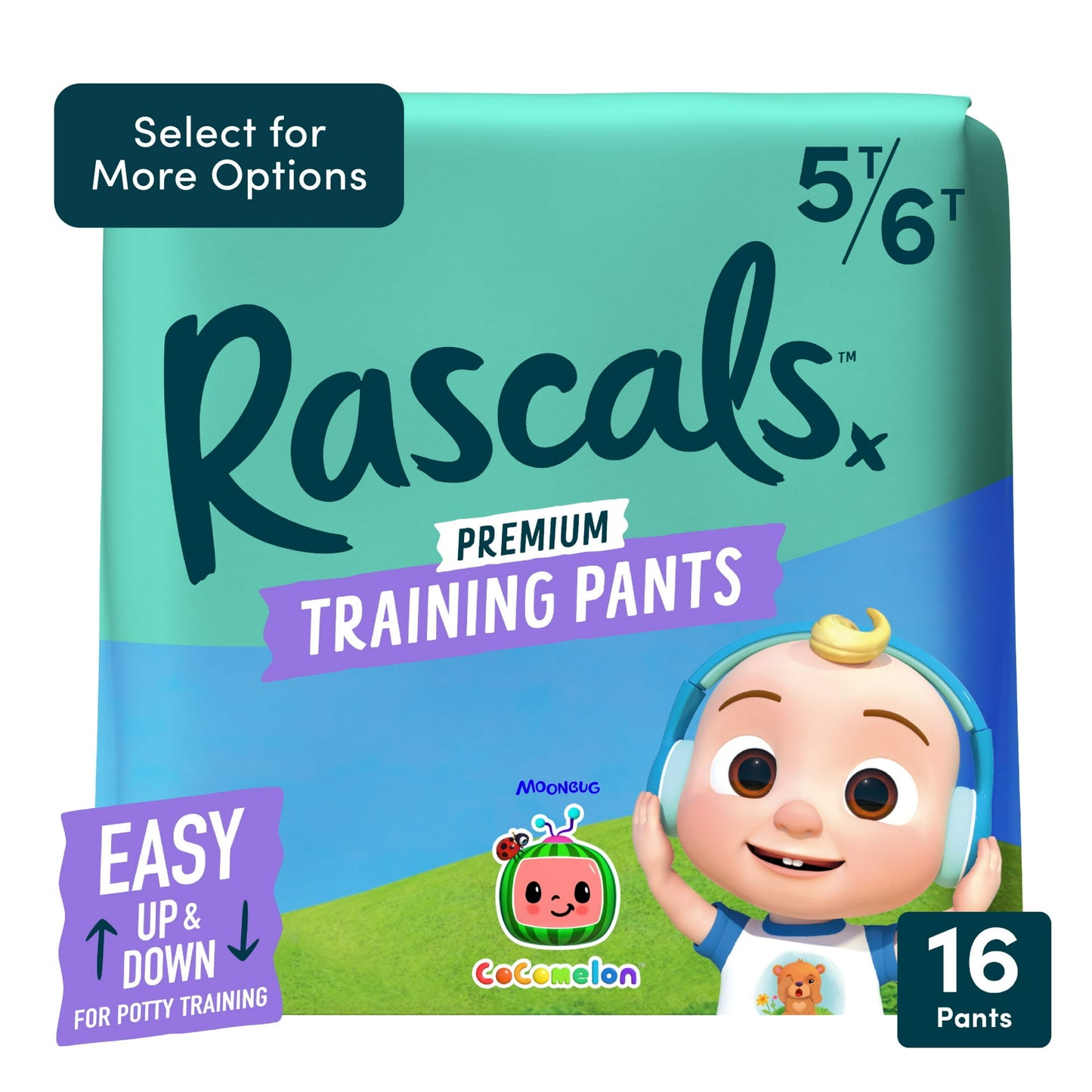 A package of premium training pants featuring a cartoon baby 5T-6T, 16 count