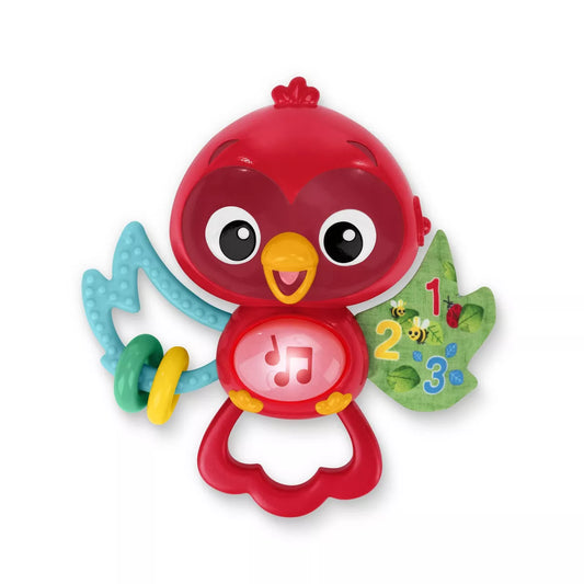 Red bird-shaped toy with educational elements on a white background