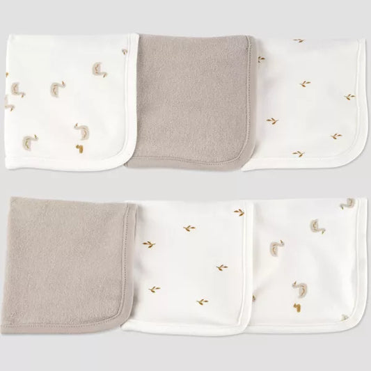 Set of 6 baby burp cloths with embroidered designs on a white background