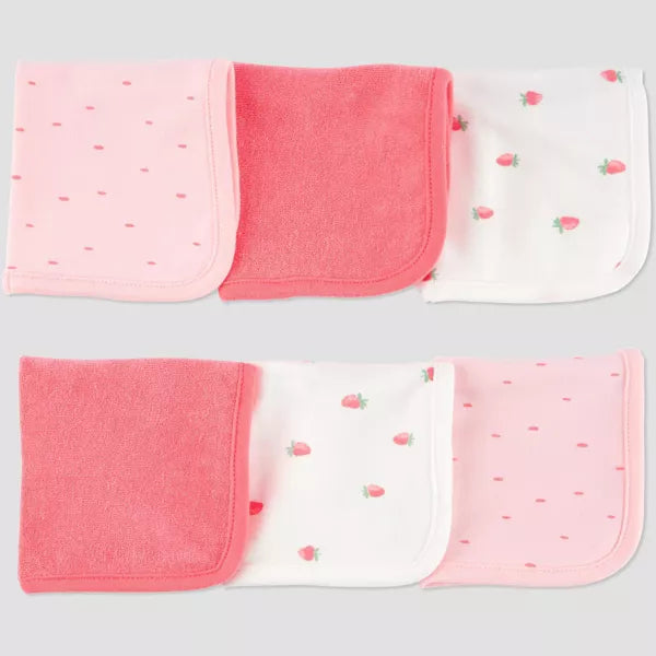 Set of 6 pink and white baby burp cloths with strawberry pattern on a light gray background