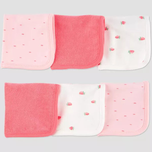 Set of 6 pink and white baby burp cloths with strawberry pattern on a light gray background