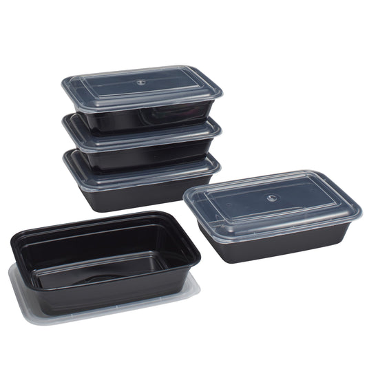 Set of black plastic containers with clear lids on a white background