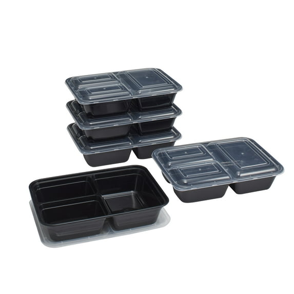 Set of black plastic food containers with lids on a white background