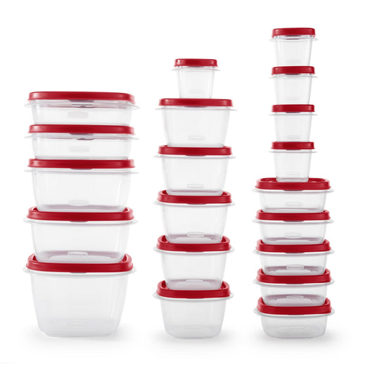 Set of clear food storage containers with red lids on a white background