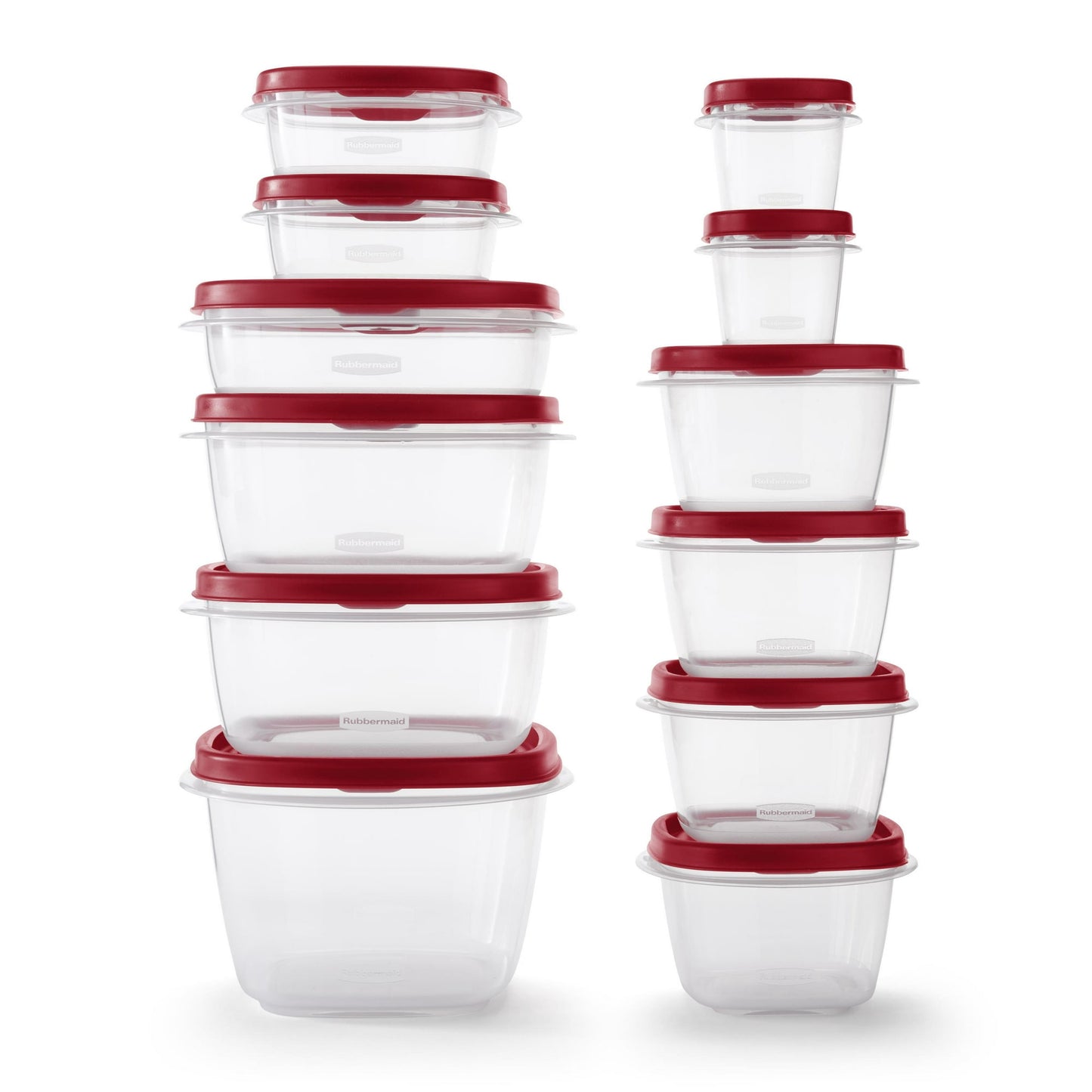 Set of clear food storage containers with red lids on a white background