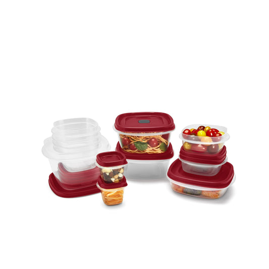 Set of food storage containers with red lids on a white background