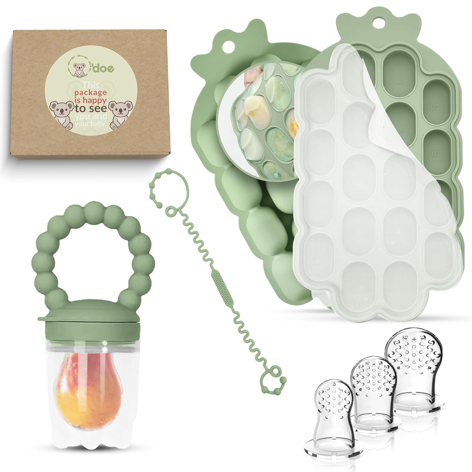 Set of green baby teething products including a teether, binky, and silicone molds on a white background.