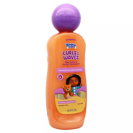 Shampoo bottle for children with a purple cap and orange body on a white background