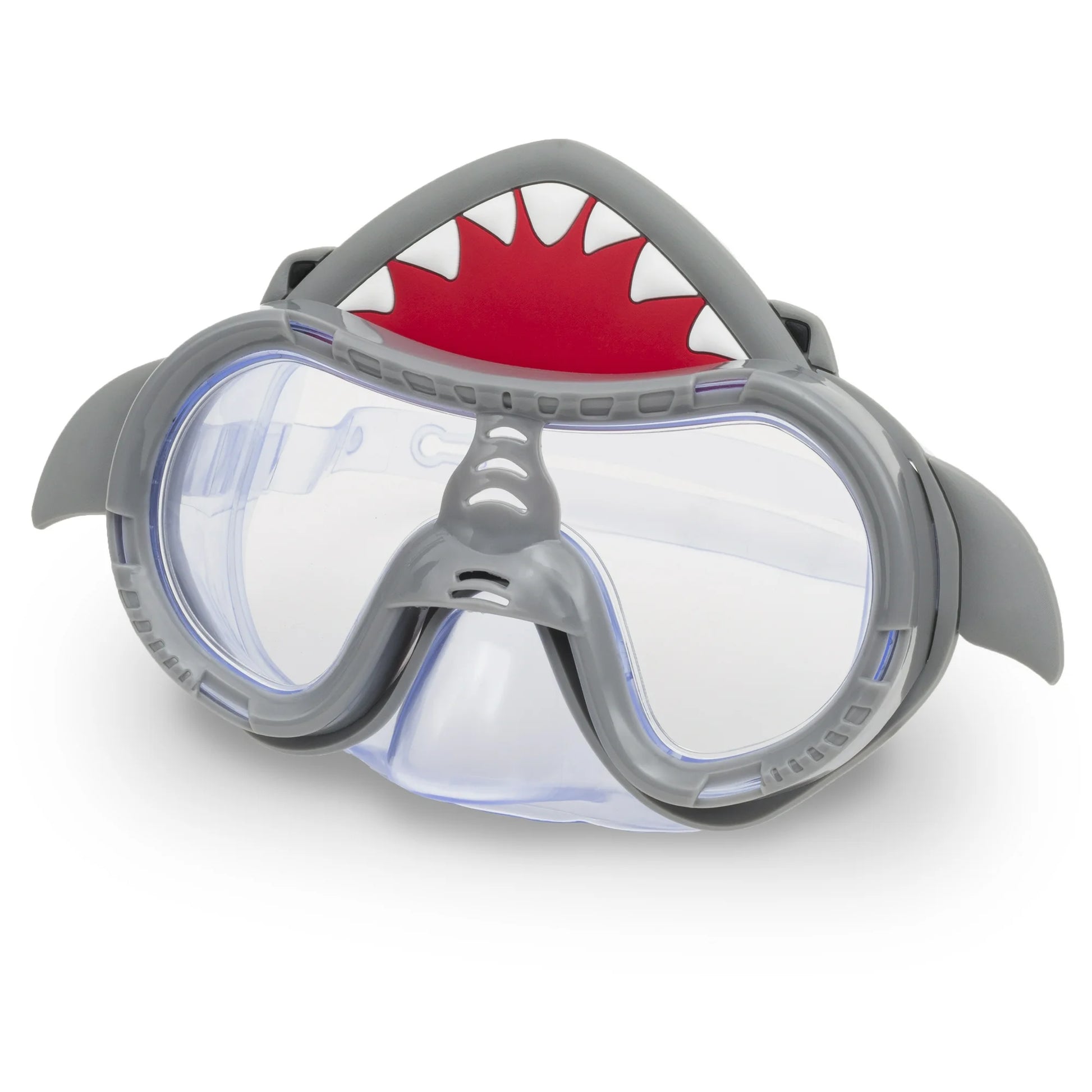 Shark-themed diving mask with gray frame and red mouthpiece on a white background