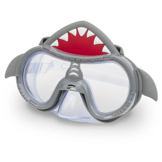 Shark-themed diving mask with gray frame and red mouthpiece on a white background