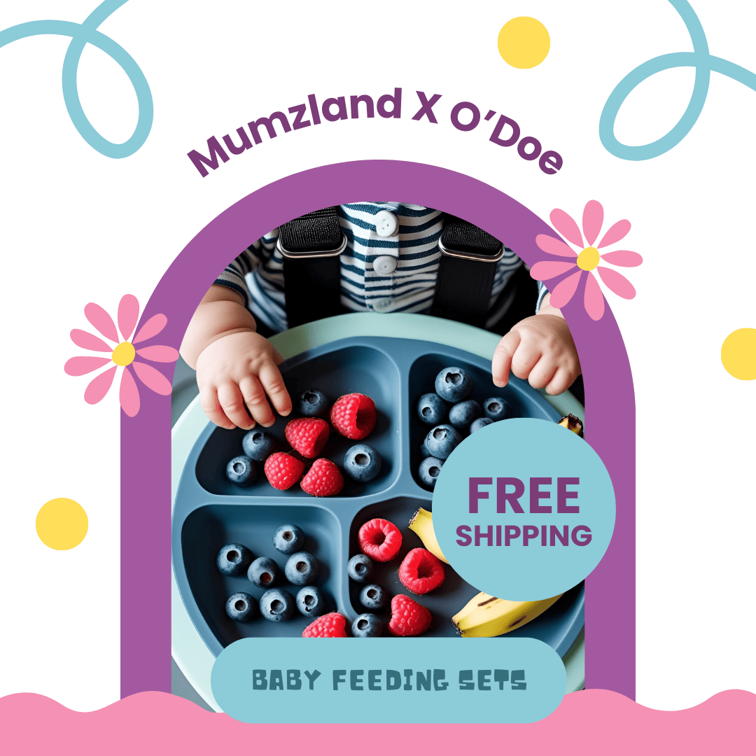 Baby eating from a silicone divided plate with fruits and vegetables, surrounded by decorative elements and brand name 'Mumzland X O'Doe'.