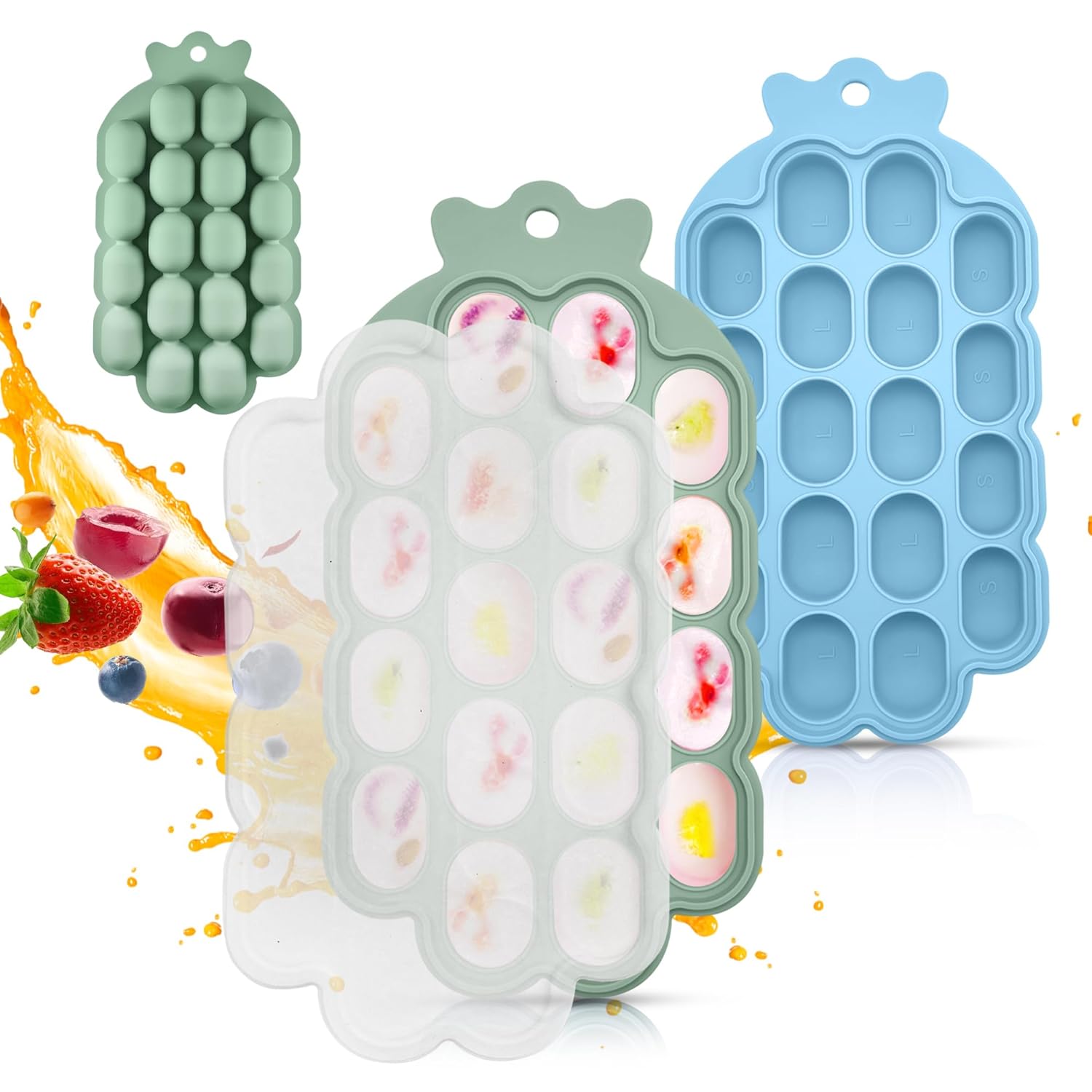 Silicone ice cube trays in green and blue with colorful fruit on a white background